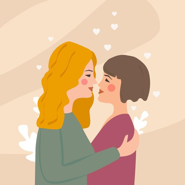 Vector dos mujeres casadas abrazadas en amor felices en familia con fondo decorativo de corazones y hojas