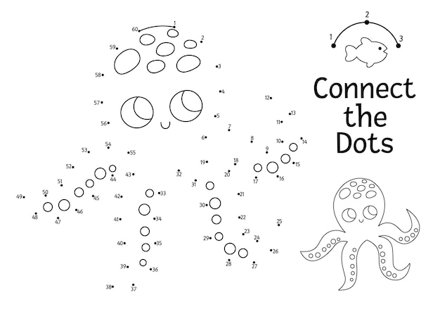 Vector dottodot y actividad de color con bonito pulpo Bajo el mar conectar los puntos juego para niños con divertidos animales acuáticos Vida del océano página de colorear para niños Hoja de trabajo imprimibleetxA
