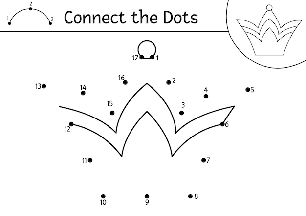 Vector dottodot y actividad de color con linda corona Reino mágico conecta el juego de puntos para niños con sombreros de rey Página para colorear de cuento de hadas para niños Hoja de trabajo imprimiblexA