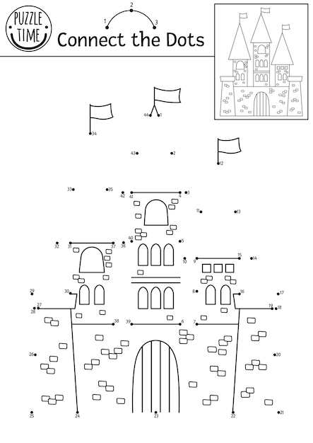 Vector dottodot y actividad de color con lindo castillo Magic Kingdom conecta el juego de puntos para niños con king house Página para colorear de cuento de hadas para niños Hoja de trabajo imprimiblexA