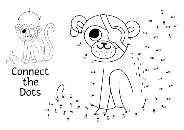 Vector dottodot y actividad de color con mono pirata lindo Isla del tesoro conecta el juego de puntos con animales divertidos Aventuras marinas página para colorear para niños Hoja de trabajo imprimible con númerosxA