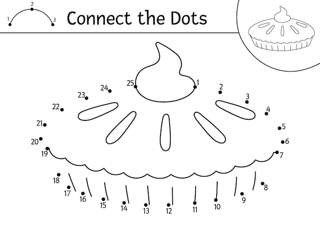 Vector dottodot y actividad de color con pastel de calabaza Acción de gracias conecta el juego de puntos para niños con comida tradicional Página para colorear para niños Hoja de trabajo imprimible de vacaciones de otoñoxA