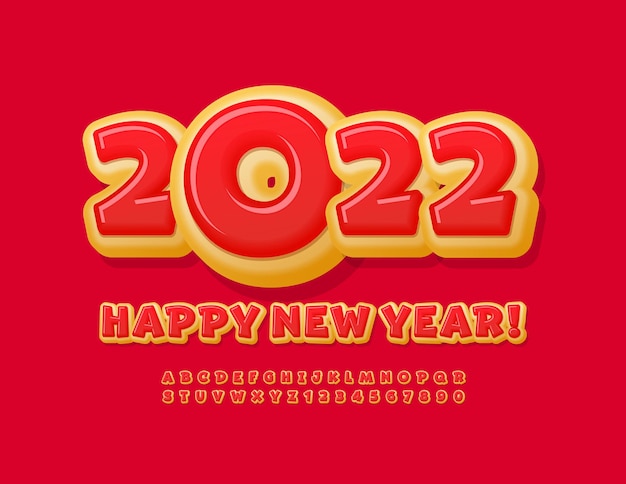 Vector dulce tarjeta de felicitación feliz año nuevo 2022 Bright Donut Font alfabeto letras y números conjunto