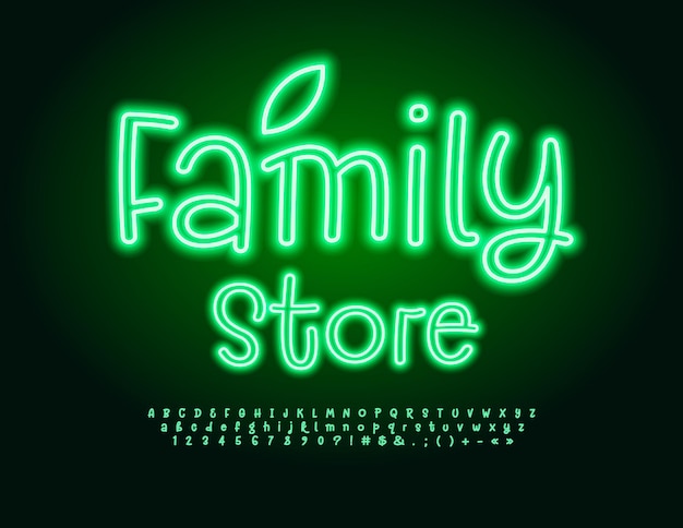 Vector eco banner Family Store Funny Neon Font Glowing Green Alfabeto de letras y números conjunto