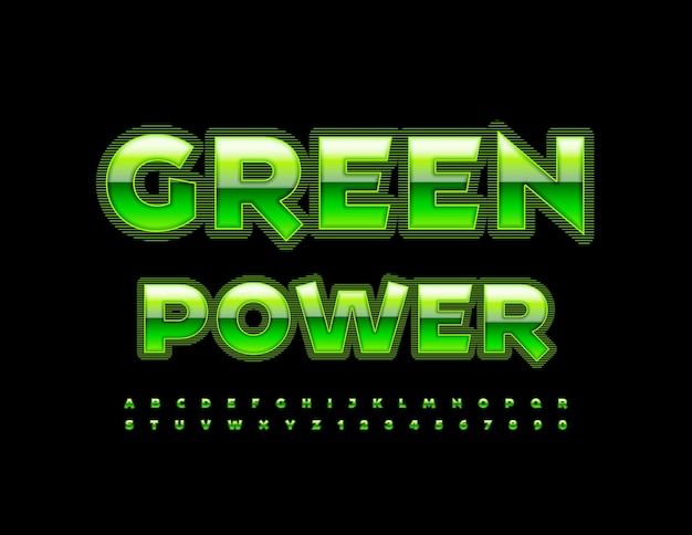 Vector eco concepto Green Power Techno Glossy Font Conjunto único de letras y números del alfabeto