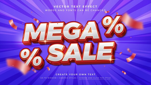 Vector Editable 3D blanco rojo efecto de texto Mega venta descuento estilo gráfico en fondo azul