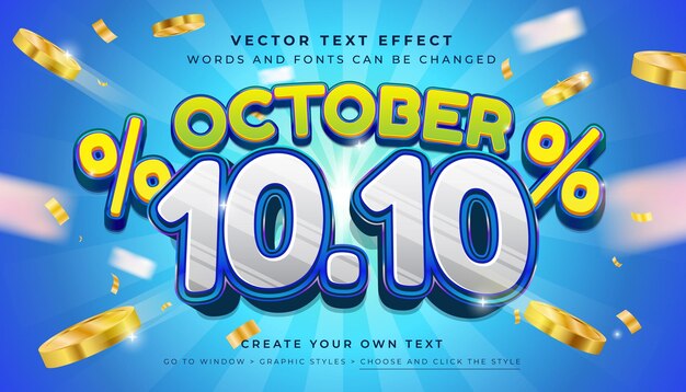 Vector Editable 3D efecto de texto de venta de descuento festivo Octubre 1010 estilo gráfico de promoción