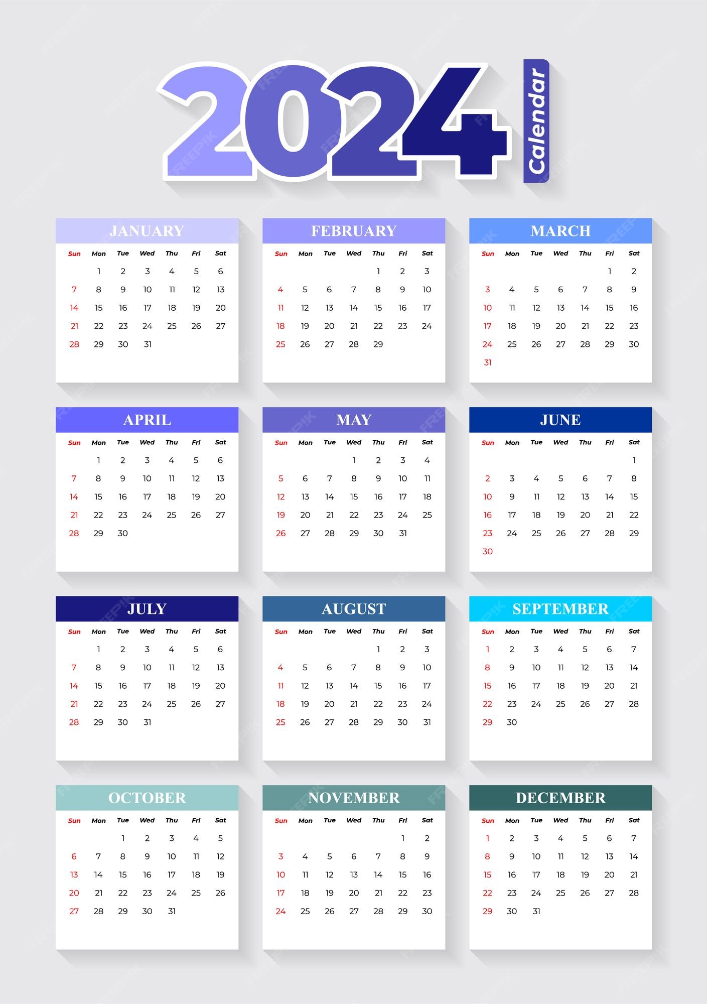Vector editable de plantilla de calendario 2024 Vector Premium