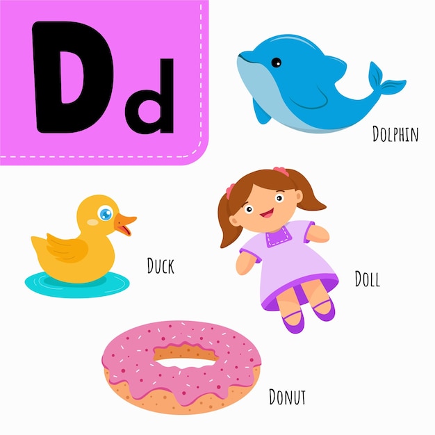 Vector de educación alfabeto inglés con dibujos animados lindos para niños letra D