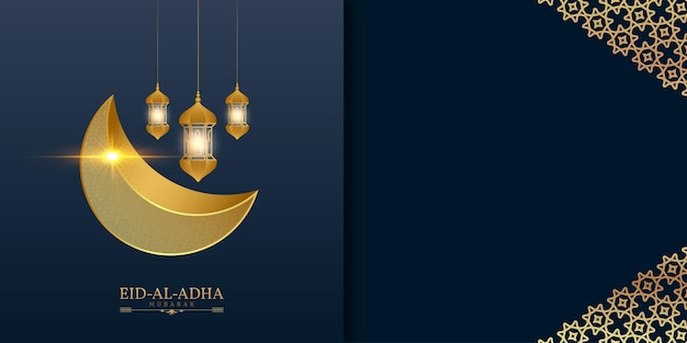 Vector eid al adha mubarak bakrid festival con luna y linterna