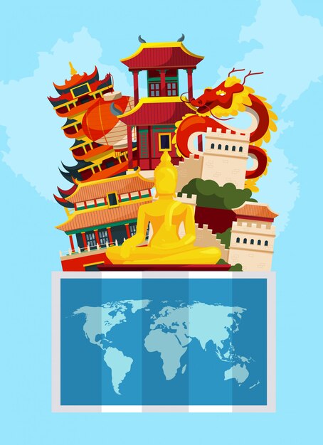 Vector el ejemplo del concepto con vistas planas de China del estilo sobre mapa del mundo. Arquitectura y construcción en Asia, dragón y pagoda.