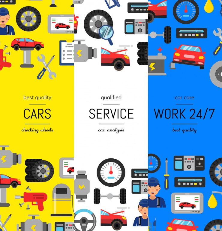 Vector vector el ejemplo vertical de las banderas del cartel del web con los elementos planos del servicio del coche del estilo. plantilla de página de servicio de coche
