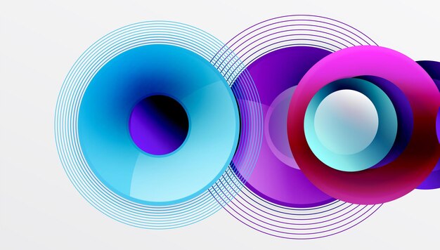 Vector elegante con círculos superpuestos en colores vibrantes y gradientes suaves Composición dinámica con simetría de profundidad y elegancia minimalista en un fondo claro