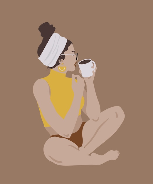 Vector elegante mujer bonita sentada ilustración plana de moda con chica y taza de café