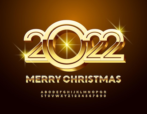 Vector elegante tarjeta de felicitación feliz navidad 2022 oro letras y números del alfabeto creativo