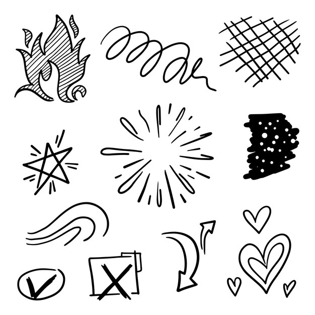 Vector de elemento de garabato prende fuego Starburst flecha remolino estrella y etc. para el diseño de concepto