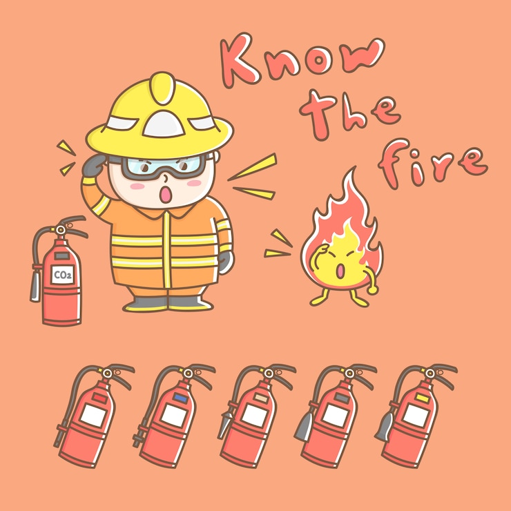 Vector vector de los elementos del diseño del personaje de dibujos animados lindo del bombero en la operación de extinción de incendios.