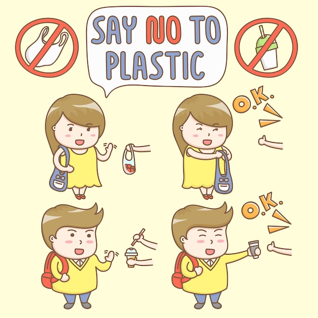 El vector de los elementos del diseño de los personajes de dibujos animados lindos rechaza utilizar el envase de plástico.