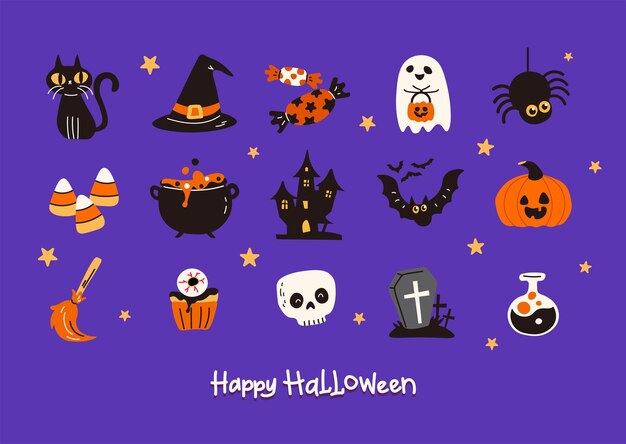 Vector de elementos de halloween en fondo púrpura. todos los elementos están aislados.