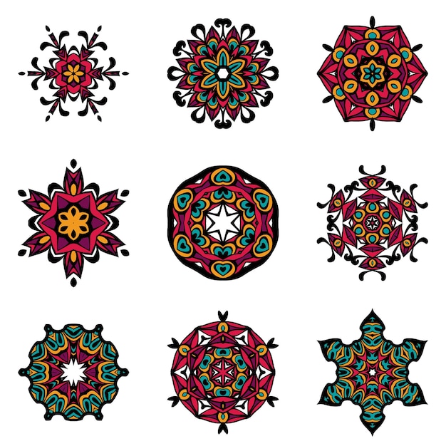 Vector elementos tribales, colección étnica, estilo azteca, arte tribal, diseño tribal aislado sobre fondo blanco. Establecer Mandalas. Patrón de ornamento redondo