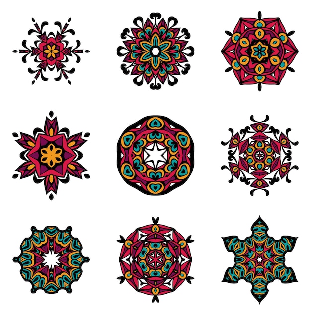 Vector elementos tribales, colección étnica, estilo azteca, arte tribal, diseño tribal aislado sobre fondo blanco. establecer mandalas. patrón de ornamento redondo