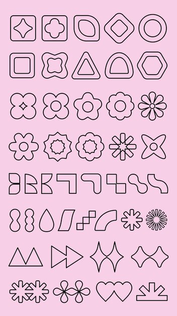Vector elements Pattern with geometric shapes on pink background Geometric shapes include circles triangles and stars Shapes create a geometric pattern Black shapes vector element set