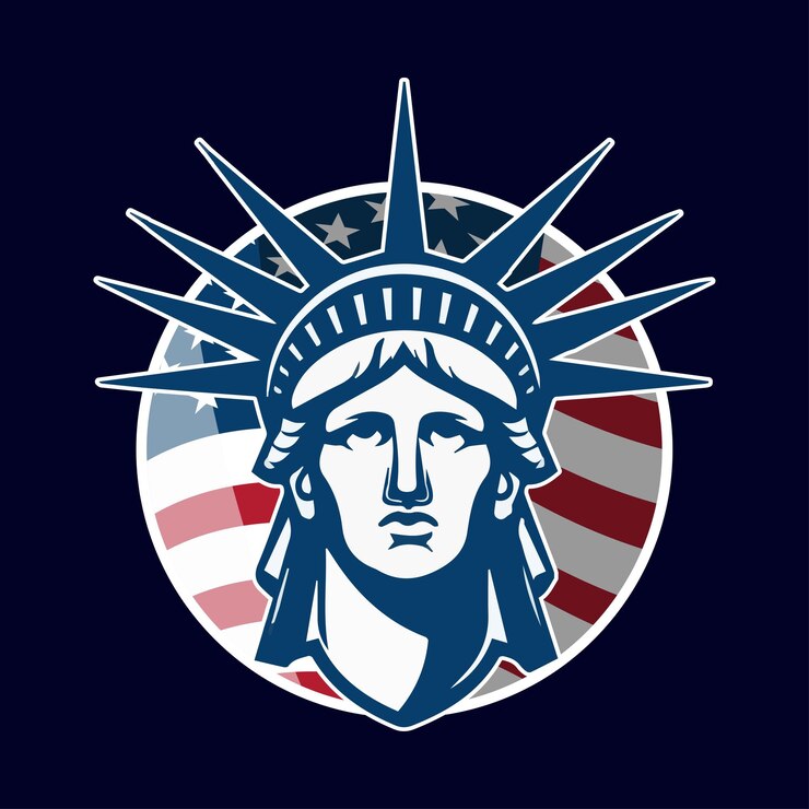 vector emblema de la estatua de la libertad en el fondo de la bandera estadounidense