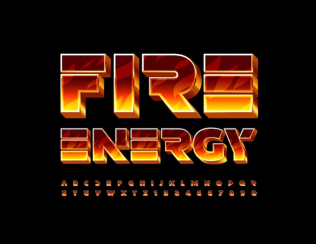 Vector emblema llameante Fire Energy Burning pattern Font Bright 3D Alphabet Letters and Numbers set