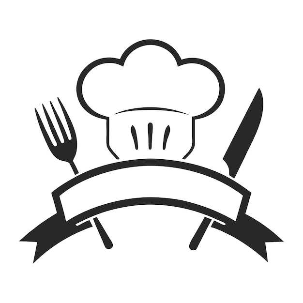 Vector de emblemas culinarios con sombrero de chef y cubiertos para logotipos de restaurantes