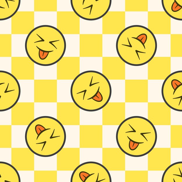 Vector de emoji sonriente patrón sin costuras en estilo retro groovy Happy hippie fondo de ajedrez
