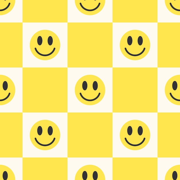 Vector de emoji sonriente patrón sin costuras en estilo retro groovy Happy hippie fondo de ajedrez