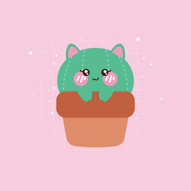 Vector el vector de emoticones de cactus de gato kawaii con fondo rosado