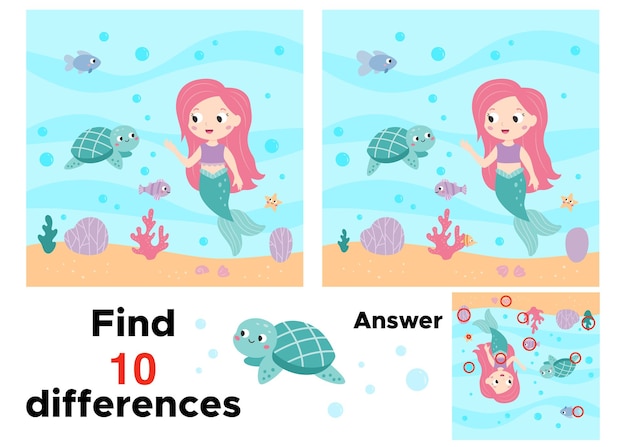 Vector encuentra 10 diferencias juego educativo con una linda sirena y tortuga