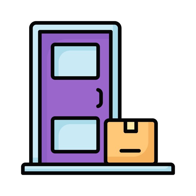 Vector de entrega por puerta aislado del icono del concepto de paquete con puerta a casa