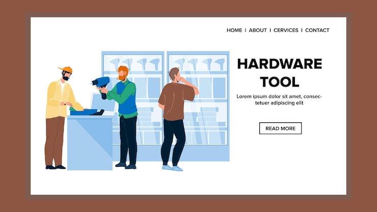 Vector vector de equipo de venta de departamento de herramientas de hardware. taladro de herramientas de hardware elija cliente en la tienda de tecnología de la industria electrónica. personajes clientes compran mercancías web ilustración dibujos animados plano