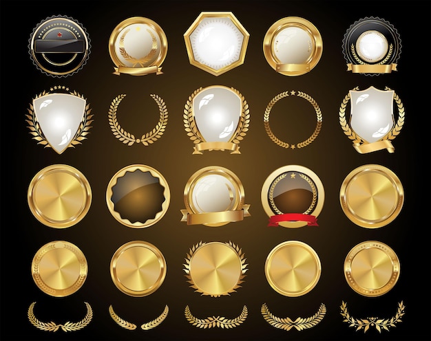 Vector escudos dorados medievales coronas de laurel y colecciones de insignias
