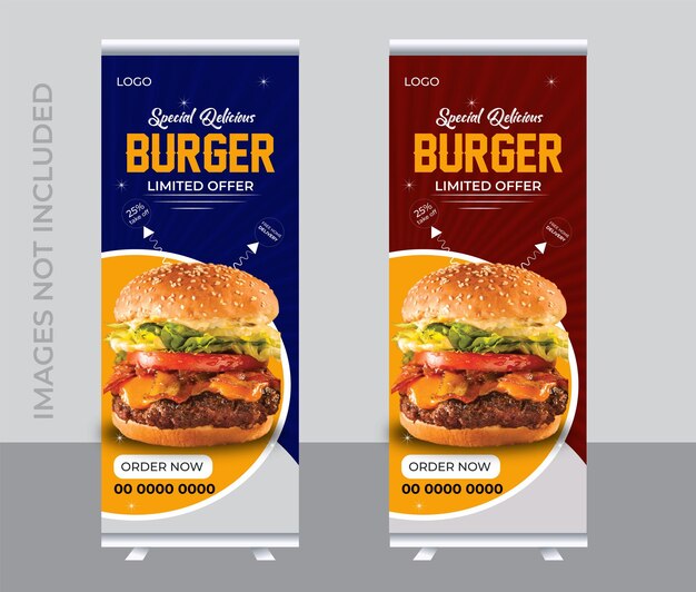 Vector especial delicioso menú de comida de hamburguesa y plantilla de diseño de banner enrollable de restaurante