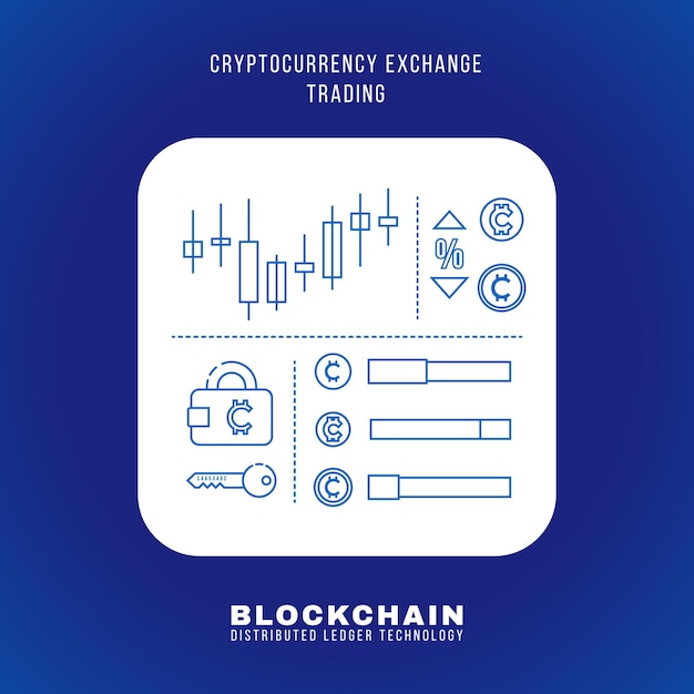 Vector esquema diseño blockchain cryptocurrency exchange trading principio explicar esquema ilustración blanco redondeado icono cuadrado aislado fondo azul