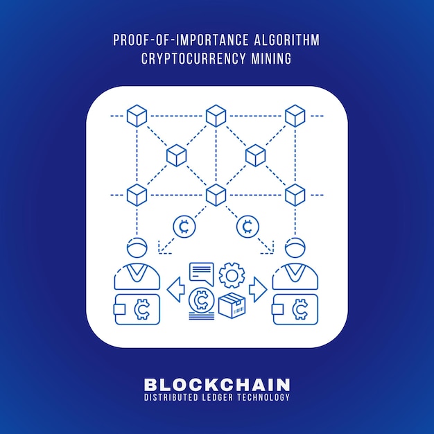 Vector esquema diseño blockchain prueba de importancia algoritmo cryptocurrency poi minería principio explicar esquema ilustración blanco redondeado icono cuadrado aislado fondo azul