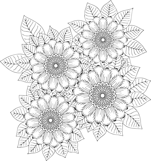 Vector Esquema Sol Flor Verano Página para colorear para adultos y niños