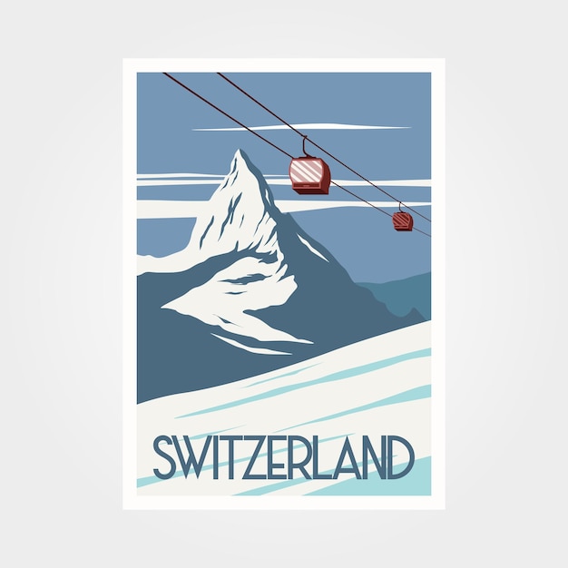 Vector vector de estación de esquí en diseño de ilustración vintage de cartel de viaje de suiza con la pirámide audaz de la montaña matterhorn