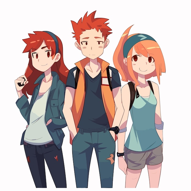 Vector de estilo de dibujos animados de 3 amigos de anime