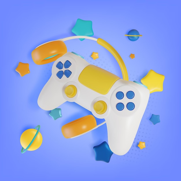 Vector de estilo de dibujos animados conceptual de juegos de computadora 3D y gamepad