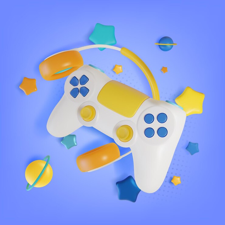 Vector vector de estilo de dibujos animados conceptual de juegos de computadora 3d y gamepad