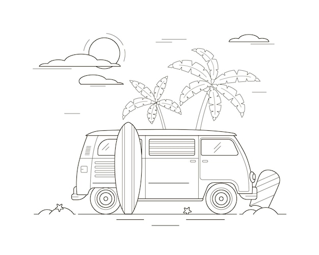 Vector de estilo lineal del concepto de autobús de surf y vacaciones de verano