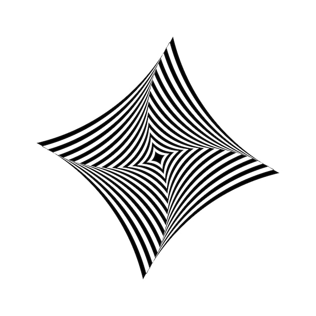Vector de estrella de diamante de ilusión óptica negra. Diseño de espiral cuadrada ondulada op art.