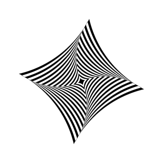 Vector de estrella de diamante de ilusión óptica negra. Diseño de espiral cuadrada ondulada op art.