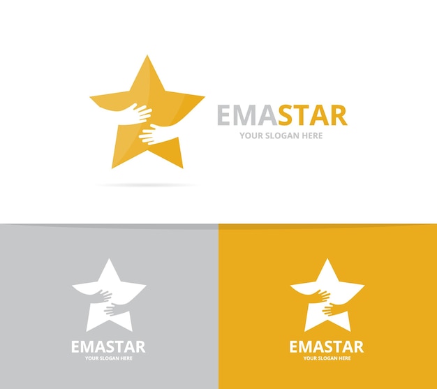 Vector estrella y manos combinación de logotipo Líder y abrazo símbolo o icono plantilla de diseño de logotipo único de equipo y amistad