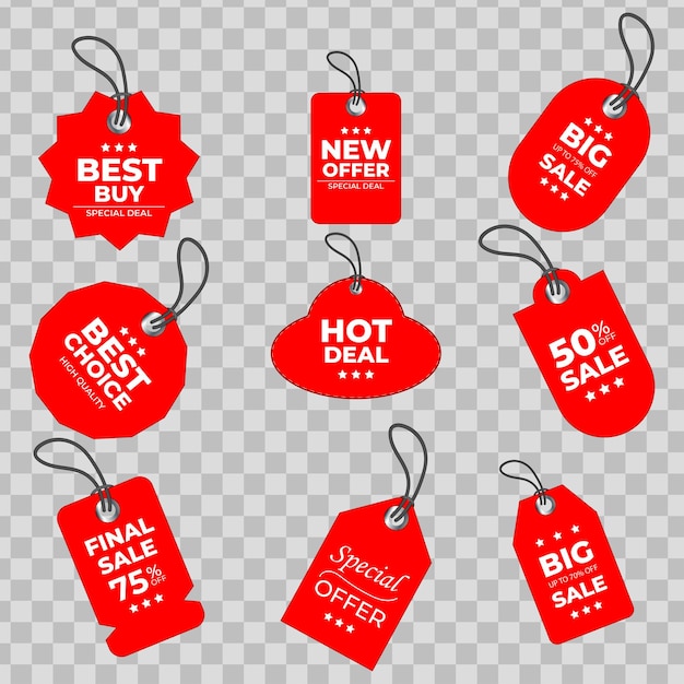 Vector de etiquetas de precios rojos realistas, colecciones, ofertas especiales o descuentos de compras