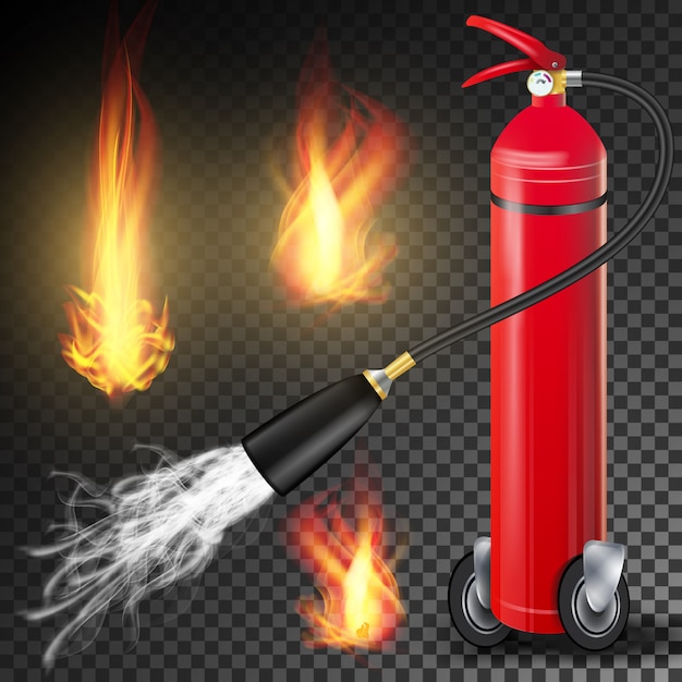 Vector de extintor de fuego rojo. Muestra de la llama del fuego y extintor rojo del metal. Fondo transparente